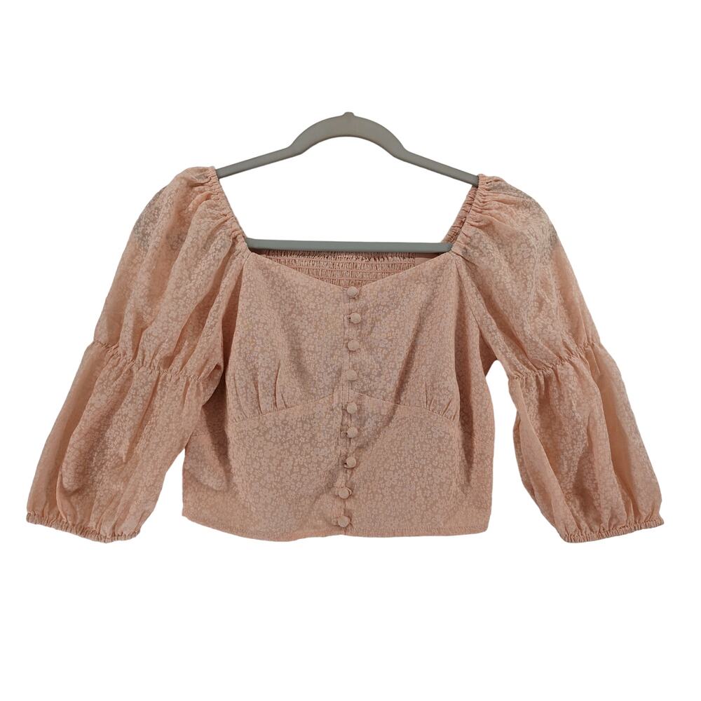 Milk Crop Top XS Peach Floral Buttons Smocked Lined Off Shoulder Puffed Sleeves‎